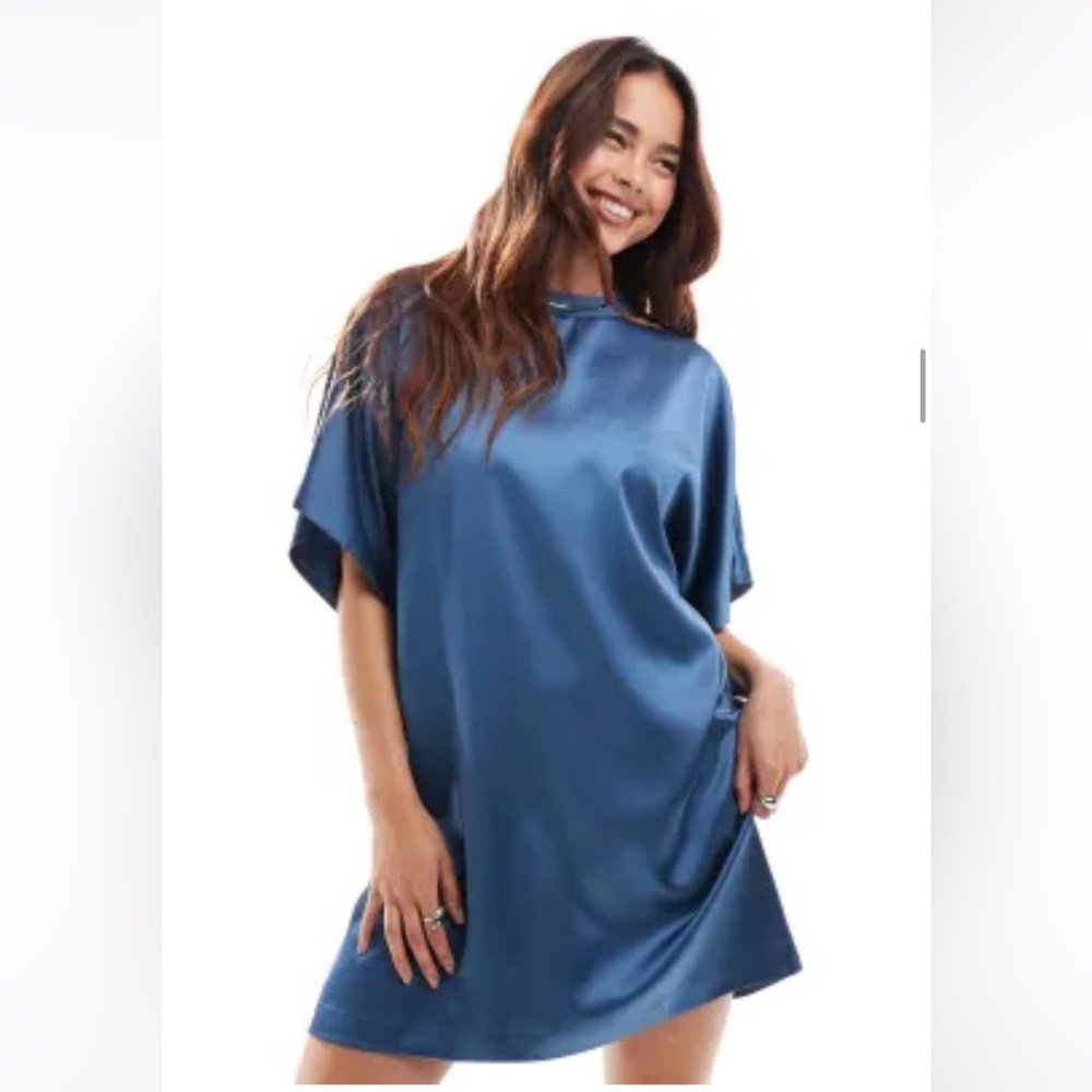 ASOS DESIGN satin oversized mini tshirt dress in steel blue